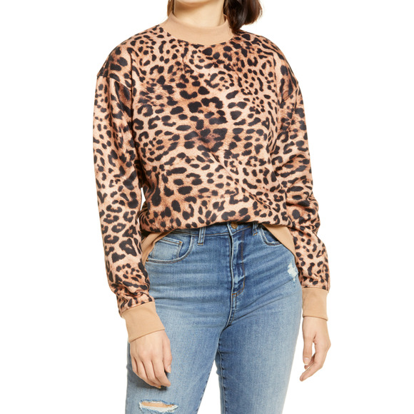 BP Mock Neck Graphic Sweatshirt In Tan Simple Leopard Print SZ-XSmall - Picture 1 of 10
